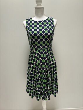Donna Morgan Navy and Green Geometric Fit-and-Flare Midi Dress